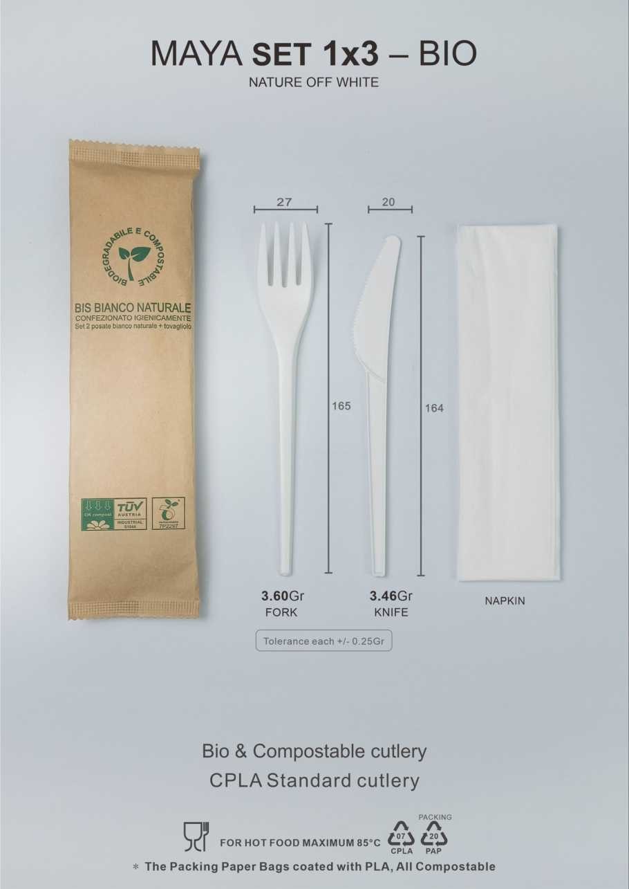165/180mm CPLA cutlery set with Kraft paper pack