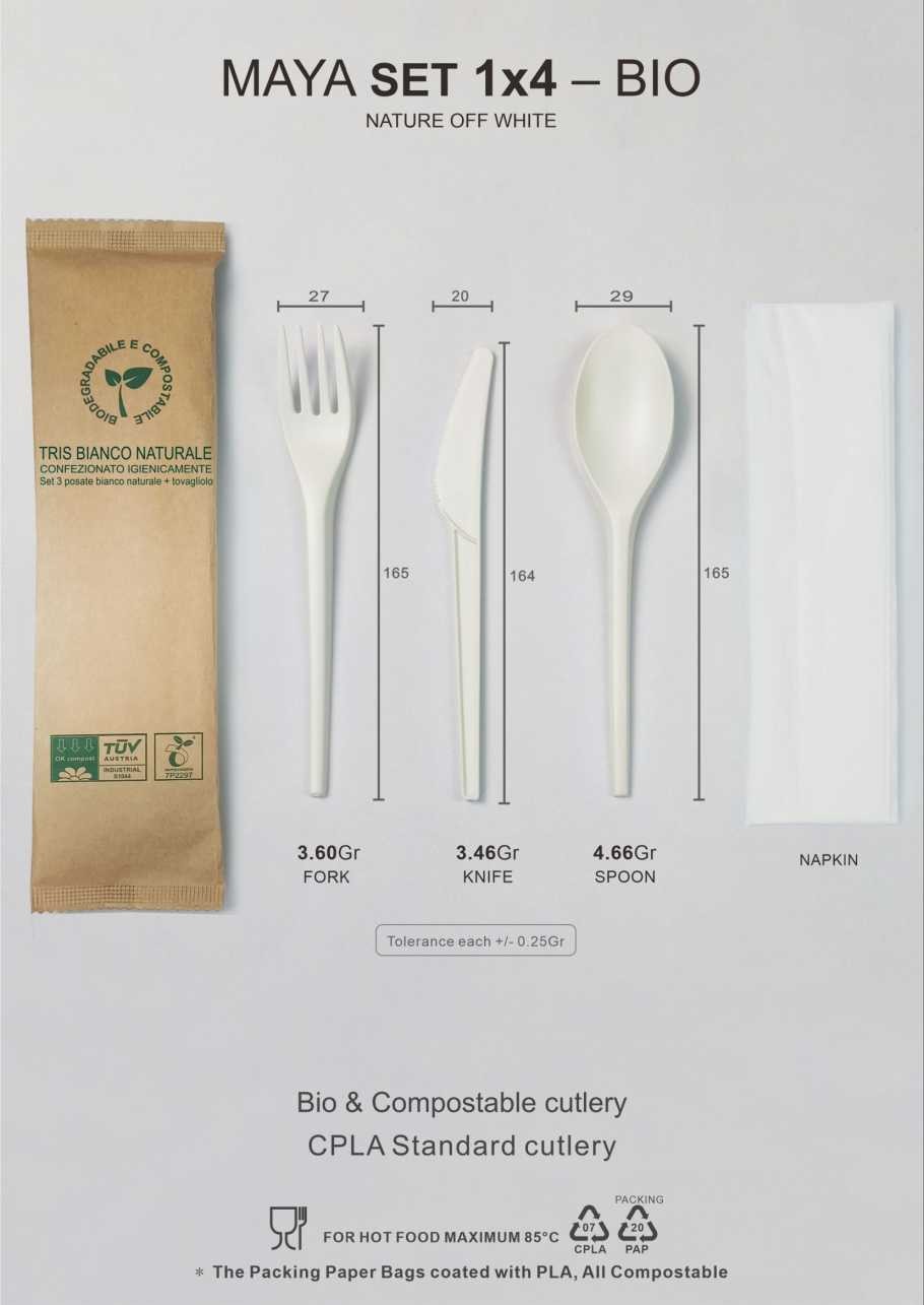 165/180mm CPLA cutlery set with Kraft paper pack